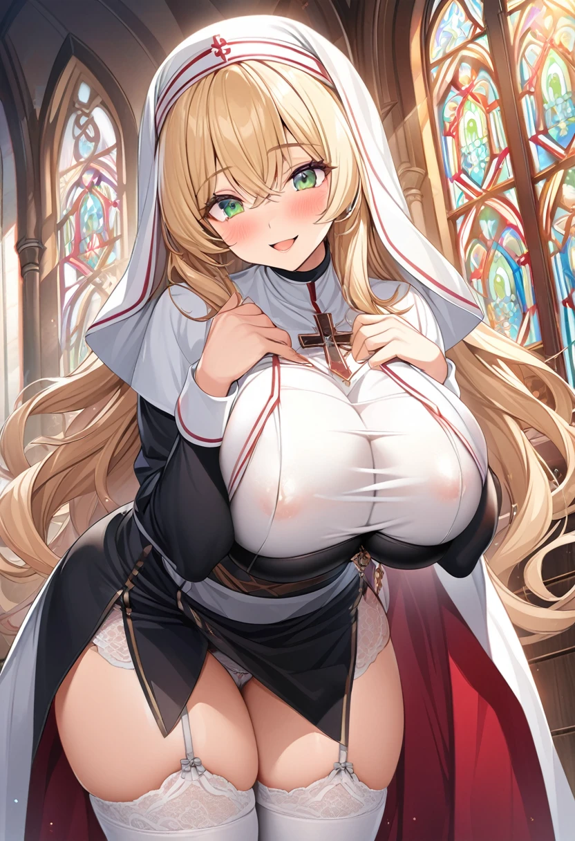 masterpiece, Highest quality, Official Art, Highly detailed CG Unity 8k wallpaper, Detailed Background, (Handcrafted by Guido Daniele), (Finger details), Mature Woman1, (Curvy), (Nuns), (standing in church), (Nuns gown:1.12), (Chest curtain:1.4), (Nuns skirt:1.11), (White Garter Straps Garter Belt:1.12), (Blonde long hair:1.12), (Hair intake:1.12), (Green Eyes:1.2), blush, (Loving smile, holy smile), ((Huge breasts:1.5、Sagging breasts:1.5、Long Breasts:1.3、sagging breast:1.5)), Tight waist, Shiny skin, (Cross Necklace), indoor, (Sacred Scene), (church:1.11), (Sunlight streaming through stained glass),Mature Woman、((sit、足を広げてsit))、Monastic Clothes、White panties、Photographed from diagonally in front、Confessional Pose、Clasp your arms in front of your chest、、((Titty fuck、paizuri、Breasts 1 Penis、paizuri under clothes))、