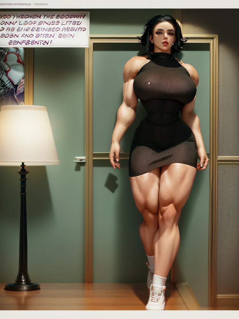 Cartoon of a woman in a short dress standing in a room, giantess art, muscular girl, giantess, muscular ultraviolent woman, succubus in tight short dress, strong and imposing, muscular and scary, exaggeratedly large physique, huge legs towering over you, feminine and muscular, imposing and dominating, incredibly strong and tall, woman strong, extremamente musculoso