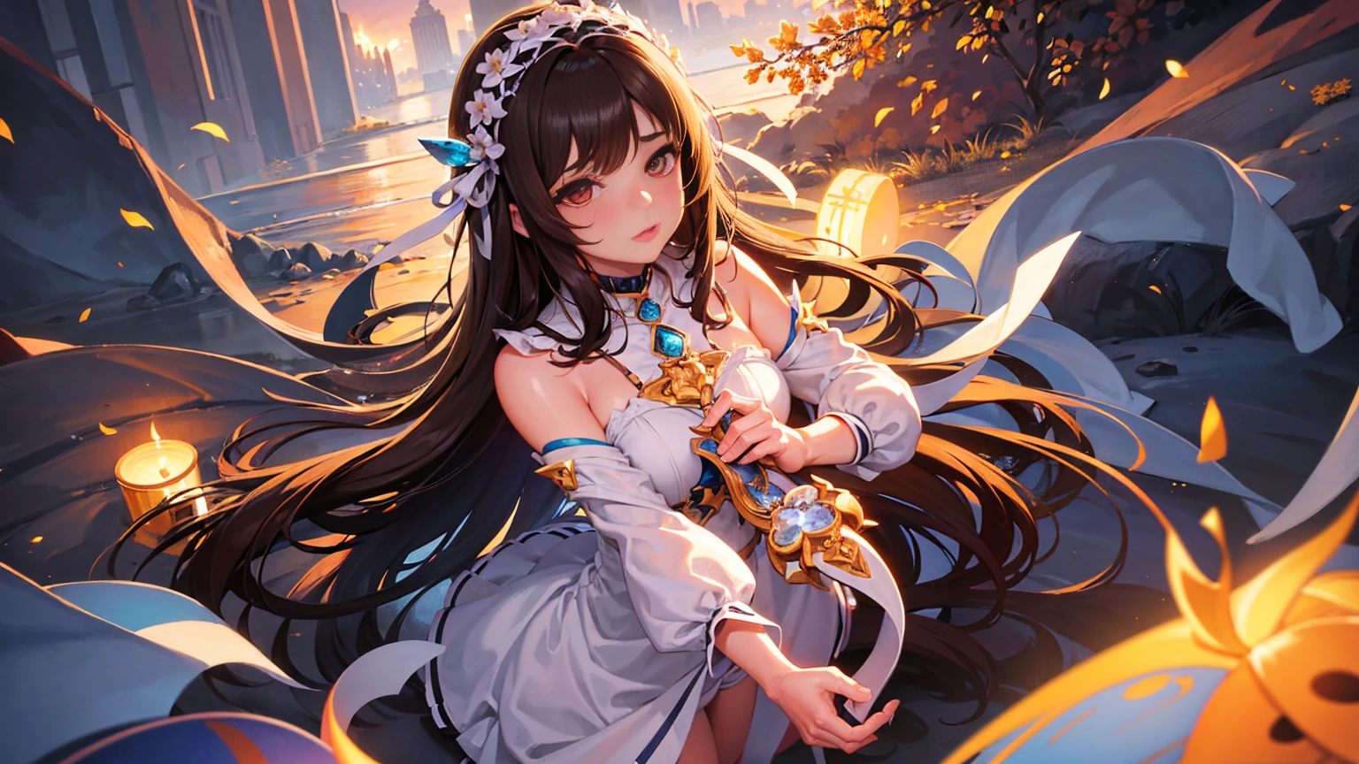 a beautiful young girl with long brown hair, detailed eyes, nose and lips, wearing a white dress, curled up in pain, receiving an enema, megapixel, complementing colors of blue and orange, remixed by lyzergium.art feat binx.ly and machine.delusions, zerg aesthetics, trending on artstation, deviantart, best quality,4k,8k,highres,masterpiece:1.2,ultra-detailed,realistic,photorealistic,photo-realistic:1.37,HDR,UHD,studio lighting,ultra-fine painting,sharp focus,physically-based rendering,extreme detail description,professional,vivid colors,bokeh