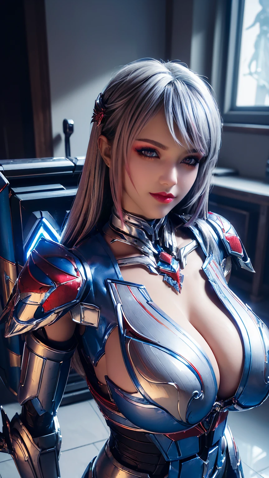 A BUSTY MILF, CLOSEUP UPPER BODY,SOLO, ((DRAGON MECHA HORN,BLUE LONG HAIR)), (GIGANTIC FAKE BOOBIES,CLEAVAGE TOP,11 LINE ABS:1.5), ((WEARING OUTFIT SILVER, BLUE, CRIMSON RED DRAGON MECHA TRANSFORMERS SKIMPY ARMOR:1.5)), (MUSCULAR BODY SHAPE:1.5), (CLEAN GLOSSY BODYSKIN:1.5), (LOOKING AT VIEWER:1.6), (BACKGROUND FUTURISTIC SPACE STATION:1), (PHOTOREALSITIC:1.4), (ULTRA-DETAILLIERT), (TOP-QUALITY), (BEST SHADOWS), BRIGHT LIGHT IN ROOM, HYPER TEXTURE, (4X MSAA), ((UNREAL ENGINE 5 RENDER)), (NEON), PHYSICALLY-BASED RENDERING, ULTRA HIGHT DEFINITION, 16K, 1080P.