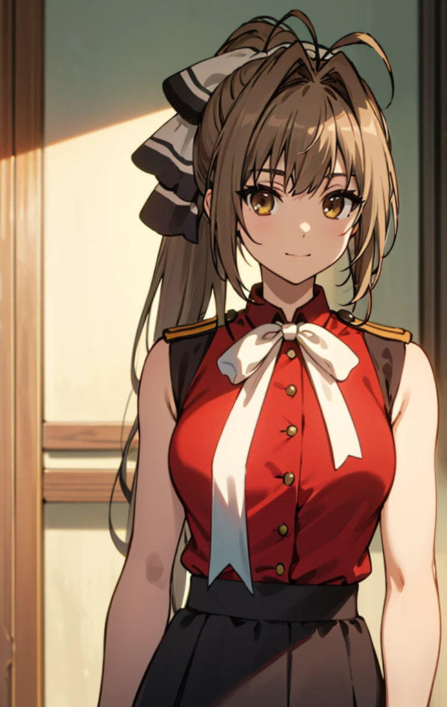 best quality, masterpiece, detailed,
SentoIsuzu,
solo, closed mouth, light smile,
brown hair, brown eyes, long hair, antenna hair, ponytail, hair bow,
SentoVest, red shirt, sleeveless, aiguillette, epaulettes, white bow, black skirt,
standing, looking at the viewer,
indoors