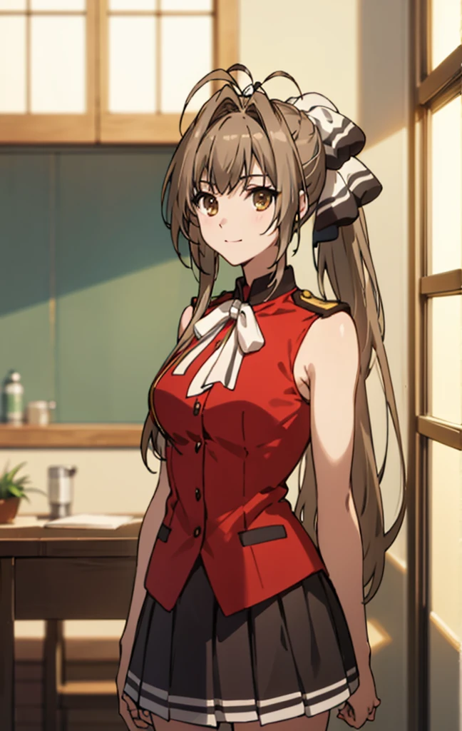 best quality, masterpiece, detailed,
SentoIsuzu,
solo, closed mouth, light smile,
brown hair, brown eyes, long hair, antenna hair, ponytail, hair bow,
SentoVest, red shirt, sleeveless, aiguillette, epaulettes, white bow, black skirt,
standing, looking at the viewer,
indoors