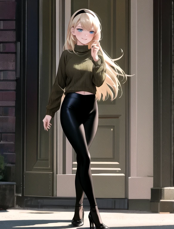 (masterpiece,best quality,absurdres,beautiful,aesthetic,detailed), (Detailed face:1.2), (Detailed eyes:1.2), 1girl, solo, (Gwen Stacy:1.1), platinum blonde hair, bright blue eyes, ((Wearing: Black headband, olive green sweater, black leggings, black heels)),  looking at viewer with a relaxed and mellow smile, walking outside on New York streets, crowds of people on the surroundings, full body busy atmosphere, cinematic lighting, detailed background,
