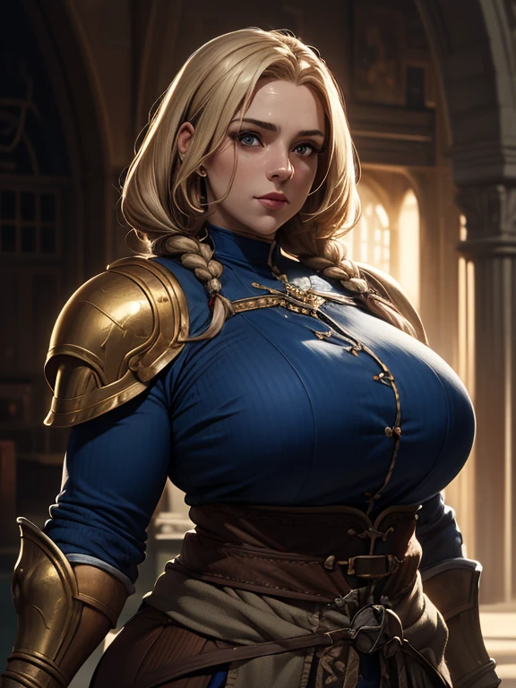 (masterpiece, highly detailed, artstation, absurdres, fantasy), solo, (big head), happy facial expression, (woman dwarf, extremely short body, wide body, broad shoulders, broad waist, fat:1.3), blonde hair in long thick braids, golden tattoos on her face, bangles, light armor, blue shirt, brown pants, in the hills, clear skies, sharp focus, cinematic composition, 