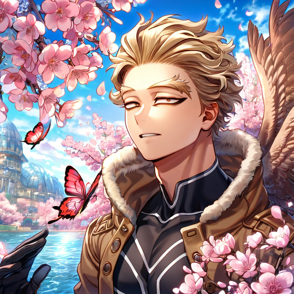 absurdres, highres, ultra detailed, HDR, master piece, best quality, extremely detailed face, delicated features, Hawks, ash blond hair, swept messily, slicked back, expressive brown eyes, Boku No Hero Academia, solo, sexy man, handsome, brown jacket with fur, black tight shirt, black gloves, water, blossoms, pink flowers, pink butterflies, fantasy, magic, radiant