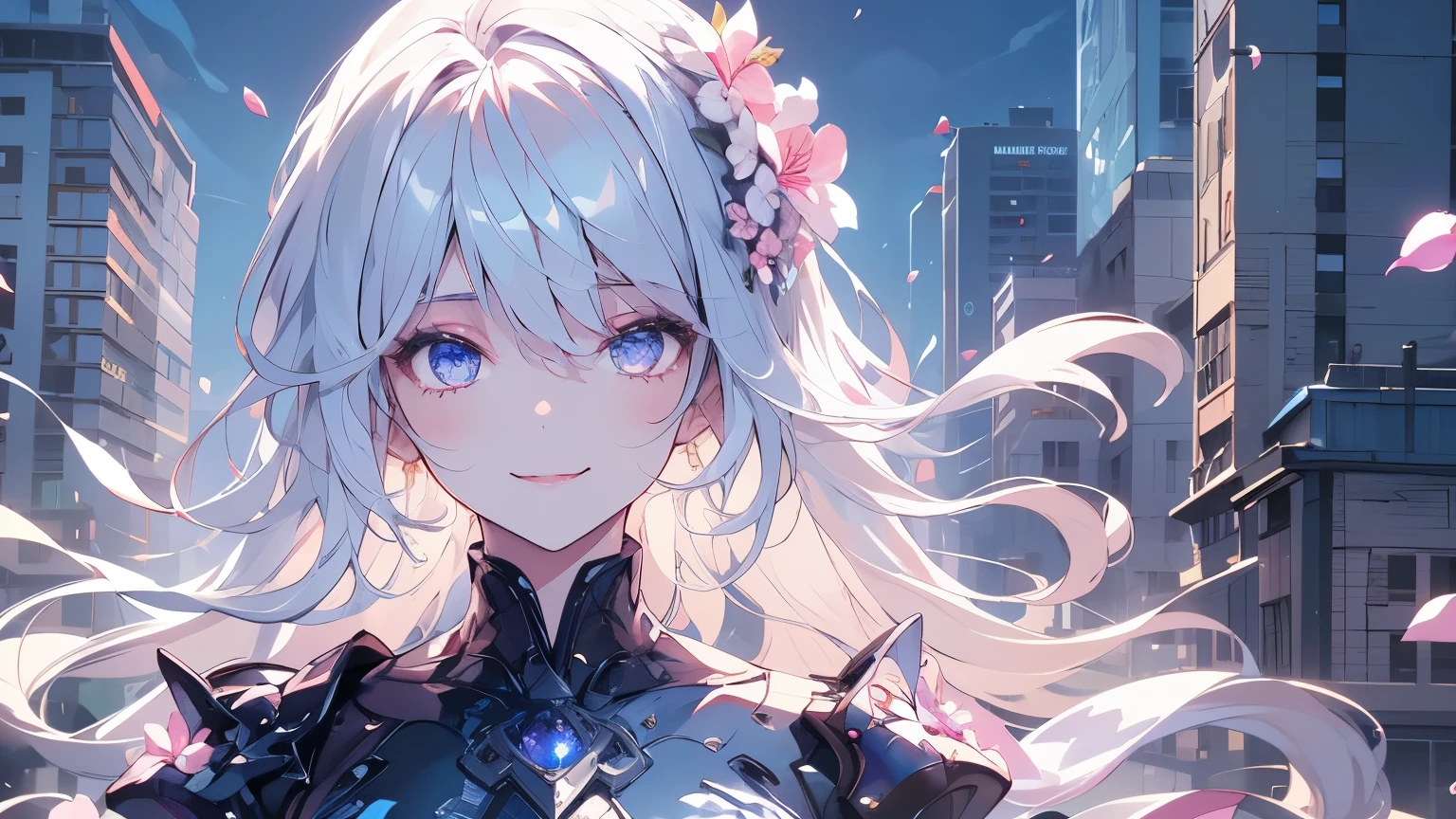 masterpiece, best quality,, 1girl, (colorful),(finely detailed beautiful eyes and detailed face),cinematic lighting,bust shot,extremely detailed CG unity 8k wallpaper,white hair,solo,smile,intricate skirt,((flying petal)),(Flowery meadow), sky, cloudy_sky, building, moonlight, moon, night, (dark theme:1.3), light, fantasy,