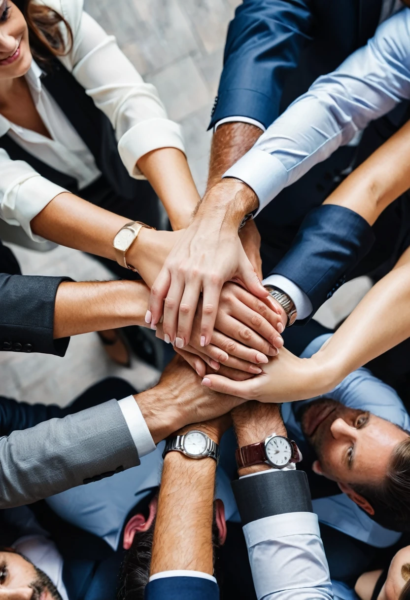 photography of top view of hands. business people putting their hand together. Many hands. Business team stacking hands over each other, corporate photo, italy people