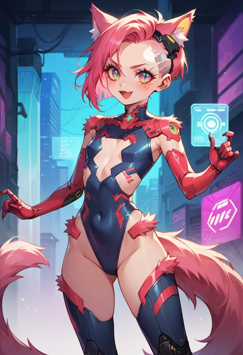 depiction of a cyberpunk cat girl, using a neon color palette of blues, greens, and purples, cyberpunk, android girl, background, score_7_up, score_8_up, score_9, abstract, cyberpunk background, detailed eyes, one cute fang, cybernetic implants, android, slit pupils, cat eyes silhouette, 1girl, score_9, score_8_up, score_7_up, highres, masterpiece, cowboy shot, young girl, tinyy proportions, :1.5, tinyy chest, skimpy neon hologram cyberpunk outfit, high cut, cutout, tight, no human ears, cybernetic neon cat ears, furred arms and legs, neon cybernetic cat tail, cybernetic digitigrade legs, dynamic erotic pose, neon strips in skin
