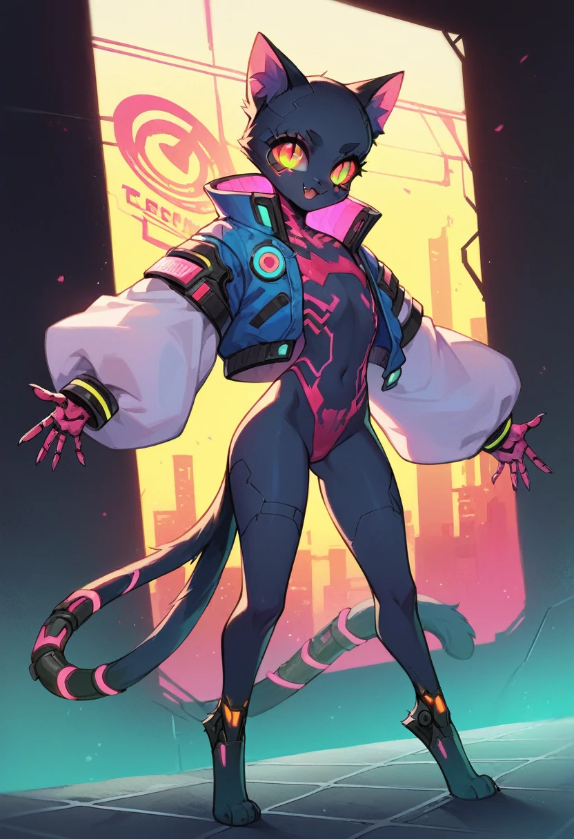depiction of a cyberpunk cat girl, using a neon color palette of blues, greens, and purples, cyberpunk, android girl, background, score_7_up, score_8_up, score_9, abstract, cyberpunk background, detailed eyes, one cute fang, cybernetic implants, android, slit pupils, cat eyes silhouette, 1girl, score_9, score_8_up, score_7_up, highres, masterpiece, cowboy shot, young girl, tinyy proportions, loli:1.5, tinyy chest, skimpy neon hologram cyberpunk outfit, high cut, cutout, tight, no human ears, cybernetic neon cat ears, furred arms and legs, neon cybernetic cat tail, cybernetic digitigrade legs, dynamic erotic pose, neon strips in skin