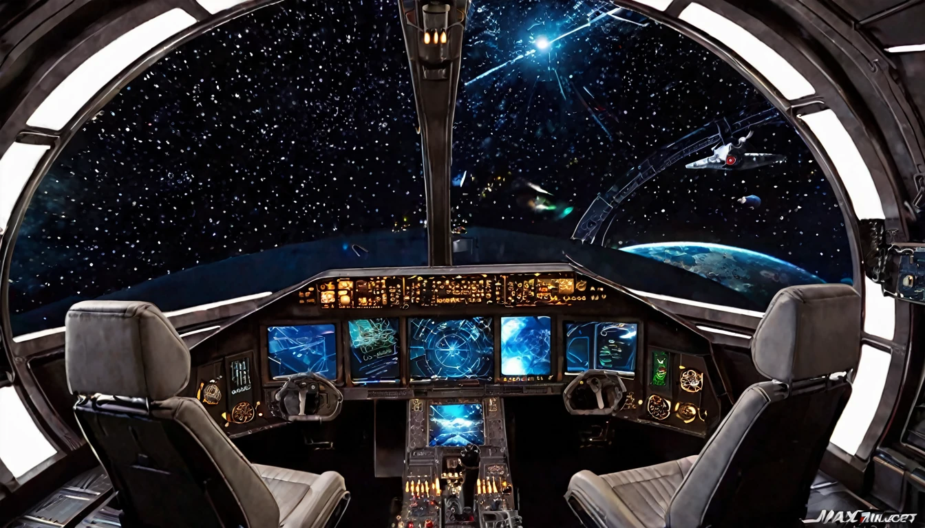 highlighting the Indiana Jones moment, driving a spaceship, digital controls and screens around the characteristic, huge cockpit windows, stars can be seen, galaxies outside, science fiction atmosphere, modern style, hyperrealistic, cinematographic, cinematography, lighting dark highly detailed, highly focused, IMAX movie poster style, realistic, medium close-up, dynamic shot, --chaos 10 --ar 6:5 --raw style --stylize 600