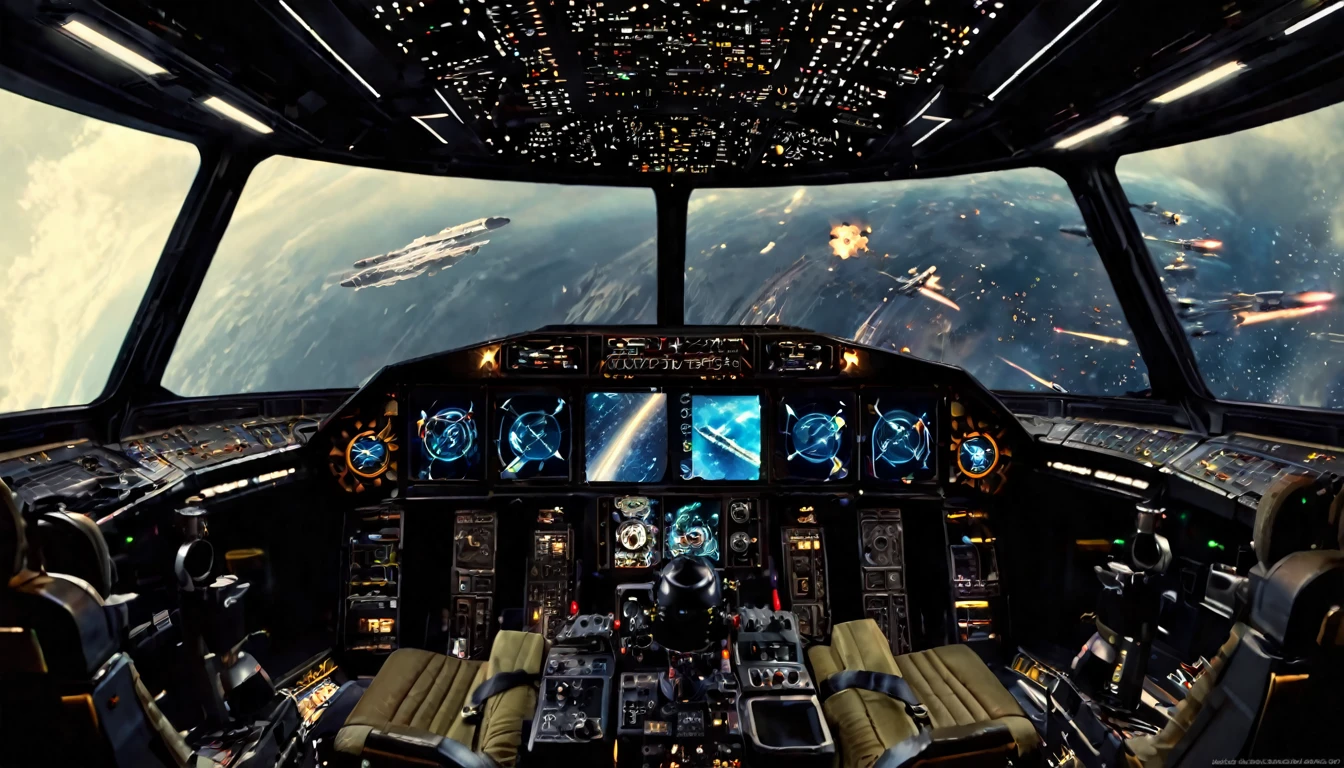 highlighting the Indiana Jones moment, driving a spaceship, digital controls and screens around the characteristic, huge cockpit windows, stars can be seen, galaxies outside, science fiction atmosphere, modern style, hyperrealistic, cinematographic, cinematography, lighting dark highly detailed, highly focused, IMAX movie poster style, realistic, medium close-up, dynamic shot, --chaos 10 --ar 6:5 --raw style --stylize 600