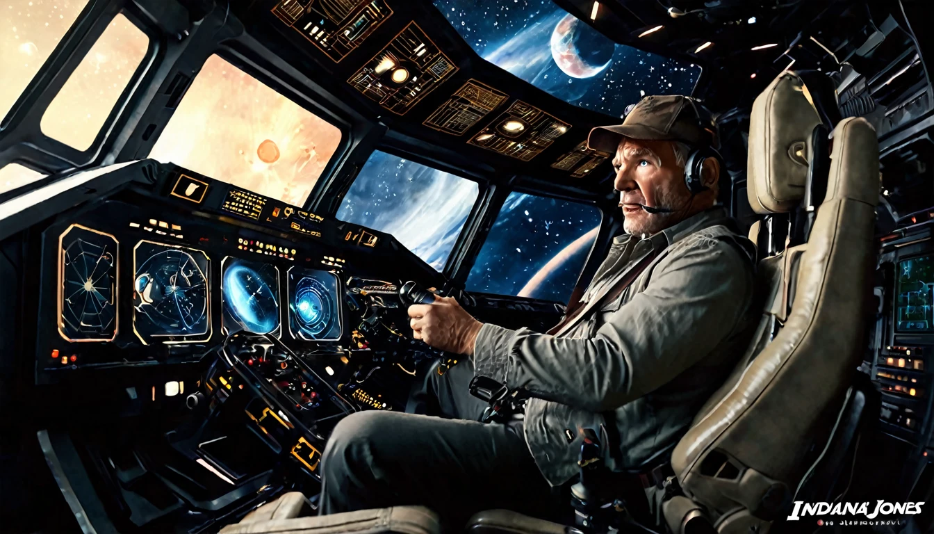 highlighting the Indiana Jones moment, driving a spaceship, digital controls and screens around the characteristic, huge cockpit windows, stars can be seen, galaxies outside, science fiction atmosphere, modern style, hyperrealistic, cinematographic, cinematography, lighting dark highly detailed, highly focused, IMAX movie poster style, realistic, medium close-up, dynamic shot, --chaos 10 --ar 6:5 --raw style --stylize 600