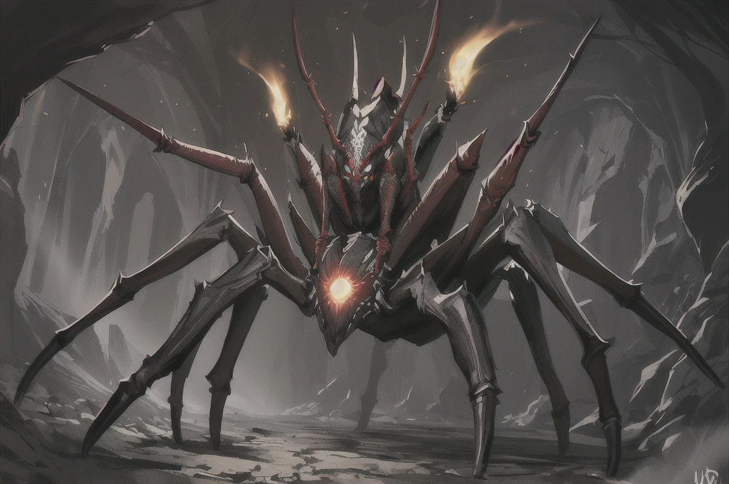 Best quality, highly detailed, medieval, fantasy, digital illustration, spider, spider legs, lolth spider queen, carapace lower body, thorax, anthropomorphic female, human upper body, gothic, sinister expression, vicious, webs, armor, glowing eyes, dark, underground, caverns
