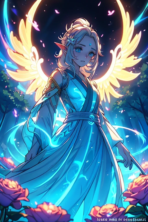 (((Wood elves floating above the forest, Tearing flowers in the forest ))) green hair, body, Radial glow, white fern flowers, Optical, Panoramic lighting, atmospheric perspective, dawn, Smoothing: 5D, Light painting, Color, beautiful countenance, clear facial features, symmetrical transparent wings, impressive detail. ((torso)), best quality, Artwork, a Japanese woman with ((White hair with luminescence)), ((detailed pearl blue eye)), highly detailed goddess soul, character focus, Alone, (Swirl Style Magical), Alone, front view, front view, looking at viewer, detailed face, ((Luminescent Lighting Magic Circle Theme)), perched on a ledge, tight neon body, light stripes, dark abyssal wanderer abstract, (( Simple Luminescence Neon Dress), inscribed with mystical runes, dystopian outdoor background,