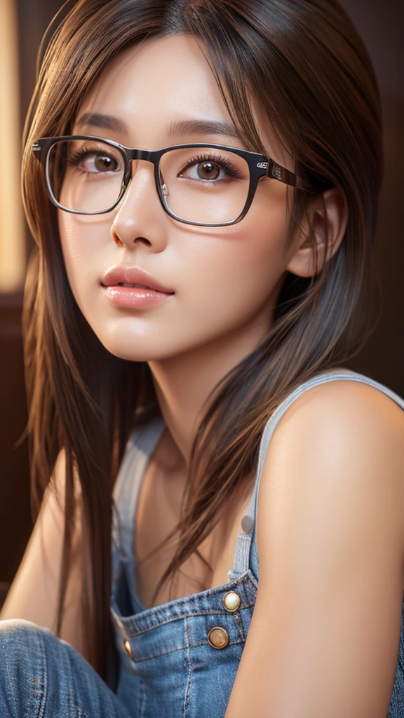 a cute tan Chinese girl wearing glasses, jeans, beautiful detailed eyes, beautiful detailed lips, extremely detailed face, long eyelashes, photorealistic, 8k, ultra-detailed, physically-based rendering, vivid colors,professional photography