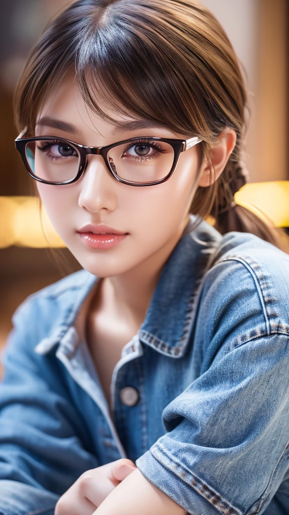 a cute tan Chinese girl wearing glasses, jeans, beautiful detailed eyes, beautiful detailed lips, extremely detailed face, long eyelashes, photorealistic, 8k, ultra-detailed, physically-based rendering, vivid colors,professional photography