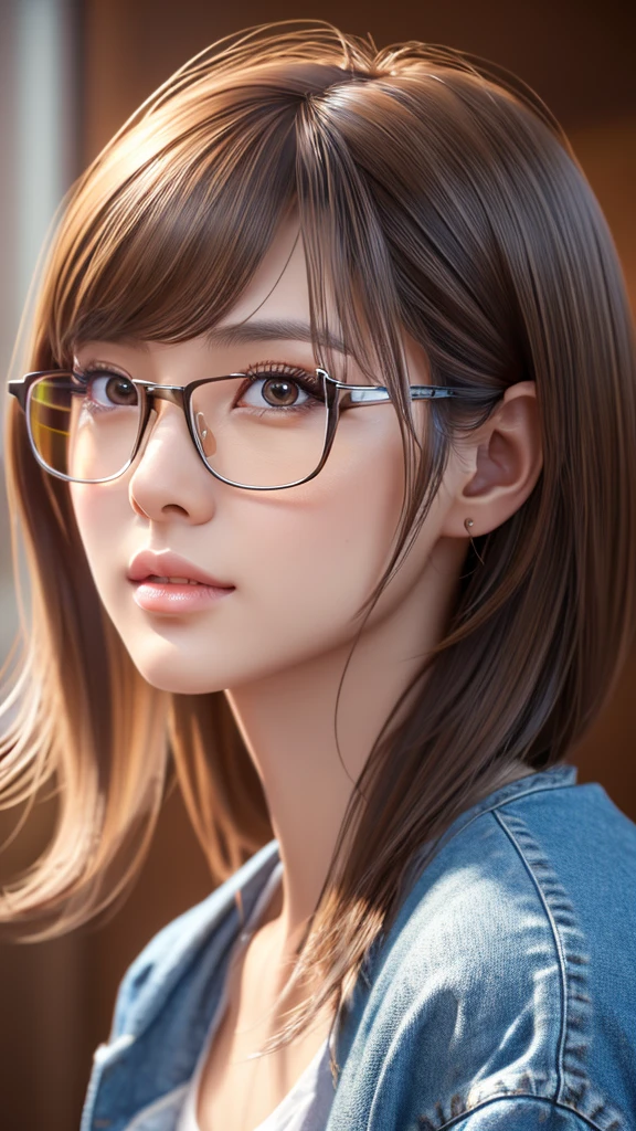 a cute tan Chinese girl wearing glasses, jeans, beautiful detailed eyes, beautiful detailed lips, extremely detailed face, long eyelashes, photorealistic, 8k, ultra-detailed, physically-based rendering, vivid colors,professional photography