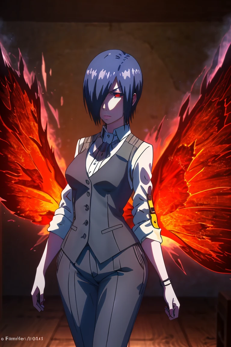 The image features a female character with a serious and penetrating expression, highlighted by an intense red eye that shines with an almost supernatural light. Her hair, dark blue and unevenly cut, covers part of her pale face, adding an air of mystery and tension. She is dressed elegantly and formally, wearing a white shirt buttoned up to the collar, covered by a black vest that accentuates her slender figure. A black tie completes his attire, reinforcing the impression of an authoritative and resolute figure. The most striking element of the image is its flaming wings that appear to be disintegrating. The wings emanate a vibrant red and orange light, as if they were burning, and fragments appear to dissolve into the air, creating a dynamic and dramatic effect. The wings, although destructive, are also beautiful and fascinating, mixing elements of destruction and creation. Around the character, several red butterflies shine brightly, flying through the darkness that surrounds her. These butterflies contribute to the feeling that there is a magical or supernatural energy present in the scene. The background of the image is dark and hazy, with tones of dark blue and gray, punctuated by sparks and fragments of red light that seem to emerge from the wings and butterflies. This hazy and dynamic setting further highlights the character's mysterious and powerful aura.