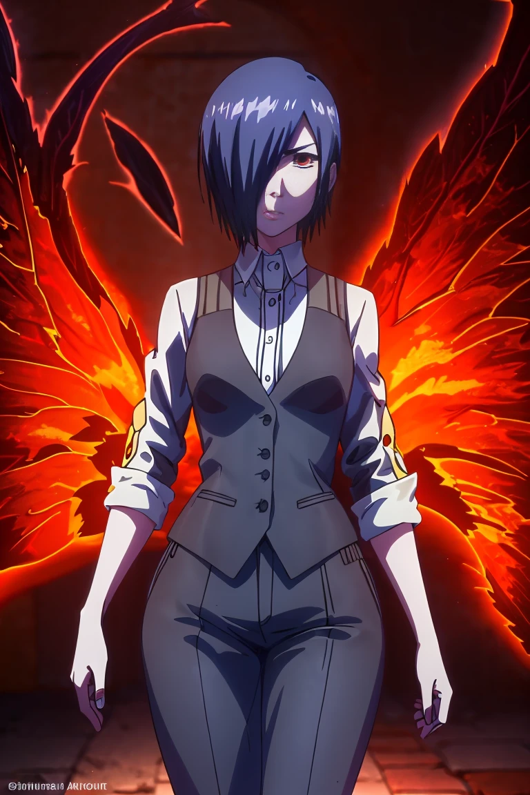 The image features a female character with a serious and penetrating expression, highlighted by an intense red eye that shines with an almost supernatural light. Her hair, dark blue and unevenly cut, covers part of her pale face, adding an air of mystery and tension. She is dressed elegantly and formally, wearing a white shirt buttoned up to the collar, covered by a black vest that accentuates her slender figure. A black tie completes his attire, reinforcing the impression of an authoritative and resolute figure. The most striking element of the image is its flaming wings that appear to be disintegrating. The wings emanate a vibrant red and orange light, as if they were burning, and fragments appear to dissolve into the air, creating a dynamic and dramatic effect. The wings, although destructive, are also beautiful and fascinating, mixing elements of destruction and creation. Around the character, several red butterflies shine brightly, flying through the darkness that surrounds her. These butterflies contribute to the feeling that there is a magical or supernatural energy present in the scene. The background of the image is dark and hazy, with tones of dark blue and gray, punctuated by sparks and fragments of red light that seem to emerge from the wings and butterflies. This hazy and dynamic setting further highlights the character's mysterious and powerful aura.