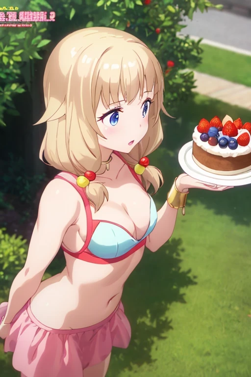 (small breasts:1.2), (perky chest:1.2), (pointed chest:1.2), (Pudding cake magazine cover:1.3),(from above:1.0),(shoot from the side:1.1),masterpiece, 1girl, Amazing Cleavage:1.1, thin waist, optimum,tmasterpiece,hight resolution,best qualtiy,hyper HD,super detailing,awardwinning,a 18yo cute girl,(The upper part of the body),anatomy correct,Beautiful Black miniskirt,garters,Gaze,Small face,bangss,holster,Beautuful Women,hands up,leg holster,Gaze,black boots,Cowboy Shot,cute face,a blond,Longhaire,Twin-tailed,Braids, Hairline,（scarlet eyes）,long eyelasher,Hanging eye corners,White skin of the, ((see through camisole:1.1)), ((Sheer nipples:1.0)),Rocket Tits,(Slim body),smile,seductive weak smiling,(with sparkling eyes and a contagious smile),little open mouth, Looking at Viewer, 