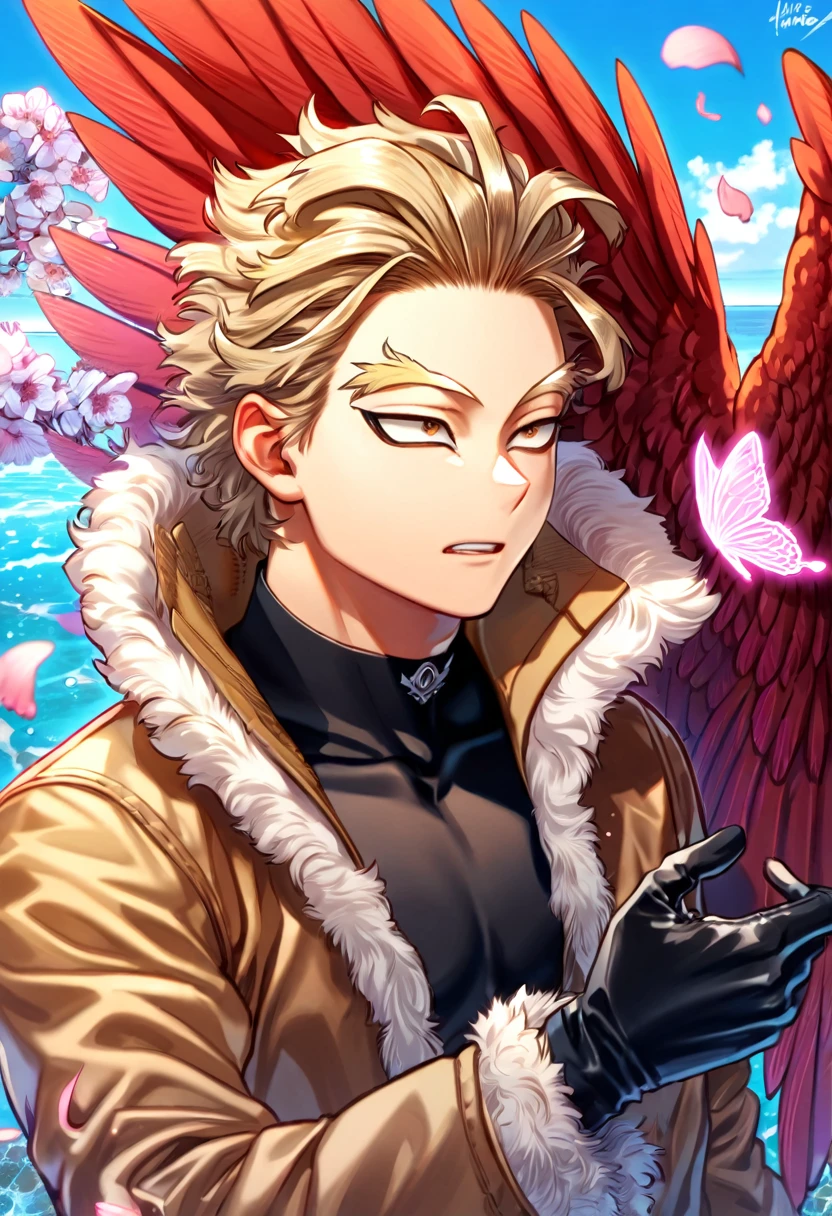 absurdres, highres, ultra detailed, HDR, master piece, best quality, extremely detailed face, delicated features, Hawks, ash blond hair, swept messily, slicked back, expressive brown eyes, Boku No Hero Academia, solo, sexy man, handsome, red wings, brown jacket with fur, black tight shirt, black gloves, water, blossoms, pink flowers, pink butterflies, fantasy, magic, radiant