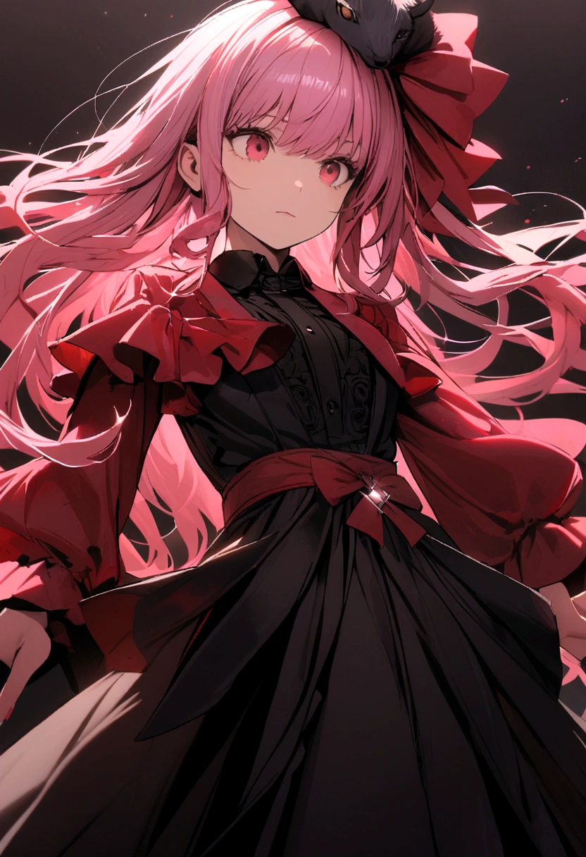 Girl with long, flowing pink hair, wearing formal black clothes with red sleeves, in a black skirt, Red bow on the head 