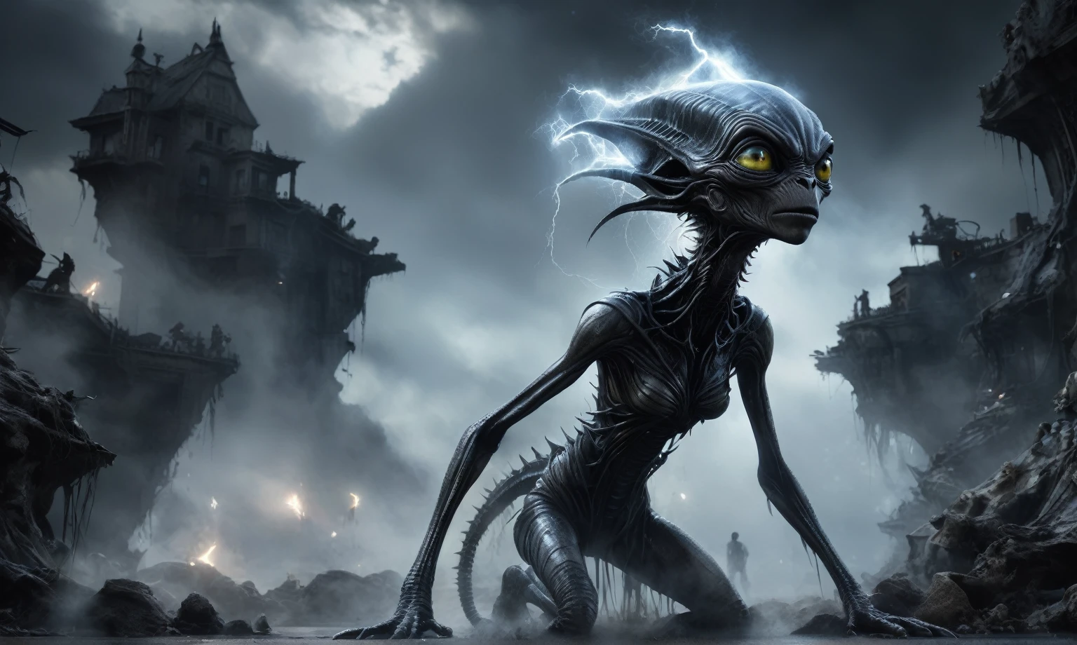 full body length,niobium goblin,native africa xenomorph,once pretty face,eyebrow up,full body shot,ominous landscape,niobium gray atmosphere,photo,photorealism,Masterpiece,natural skin textures, hyper realism,hyper detailed,High contrast,Realism,Ultra Detailed,irina yermolova,close full body shot,32K resolution,Nikon Z9, ,demonic, dust, smoke, audience, mist, featuring ultra-realistic and hyper-realistic elements,
  Marta Bevacqua, Ellen Jewett, Kawacy, Katsuya Terada, Carne Griffiths, explosive lightning, concert lighting,  bokeh,  luminal space that feels
 both bright and surreal. Includes liquid fluid elements for added depth and movement. Rendered in an unreal 
engine and post-processed to achieve . Evokes a sense of dreamy, ethereal 
and mystical mood,horror pixar movie still,thriller disney movie ,pixar render, animated ,suicide