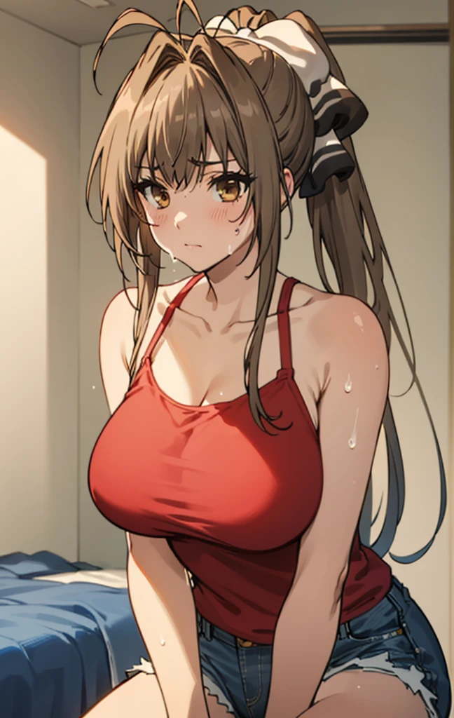 best quality, masterpiece, detailed,
SentoIsuzu,
solo, closed mouth, (sweating)
brown hair, brown eyes, long hair, antenna hair, ponytail, hair bow,my room,camisole,denim shorts,huge breasts