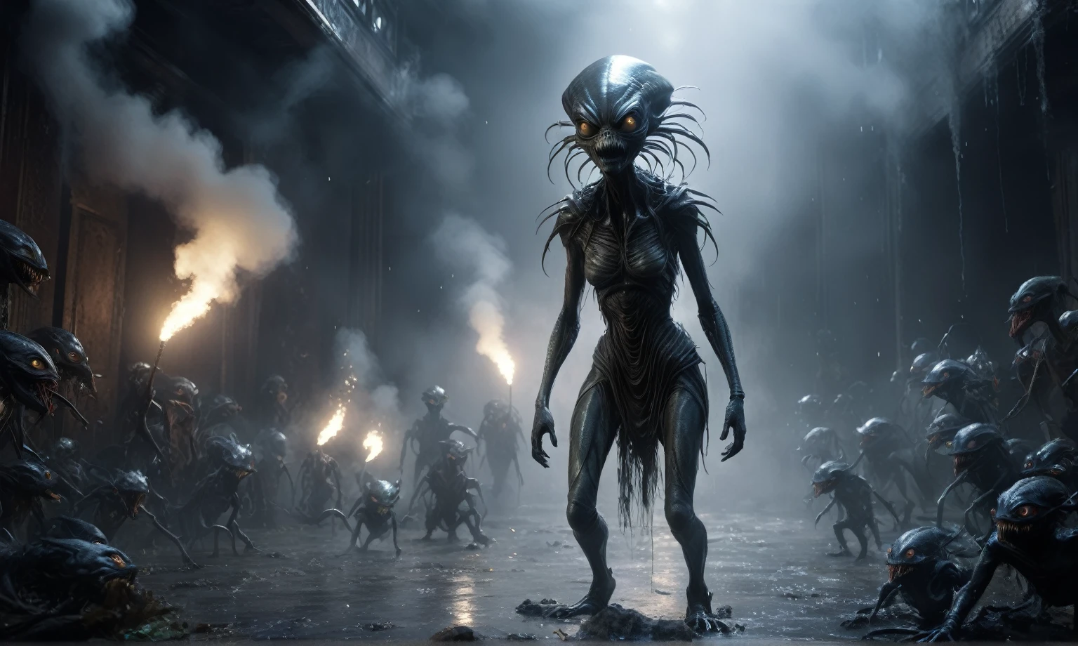 full body length,niobium goblin,native somali xenomorph,once pretty face,eyebrow up,full body shot,ominous landscape,niobium gray atmosphere,photo,photorealism,Masterpiece,natural skin textures, hyper realism,hyper detailed,High contrast,Realism,Ultra Detailed,irina yermolova,close full body shot,32K resolution,Nikon Z9, ,demonic, dust, smoke, audience, mist, featuring ultra-realistic and hyper-realistic elements,
Marta Bevacqua, Ellen Jewett, Kawacy, Katsuya Terada, Carne Griffiths, explosive lightning, concert lighting, bokeh, luminal space that feels
both bright and surreal. Includes liquid fluid elements for added depth and movement. Rendered in an unreal
engine and post-processed to achieve . Evokes a sense of dreamy, ethereal
and mystical mood,horror pixar movie still,thriller disney movie ,pixar render, animated