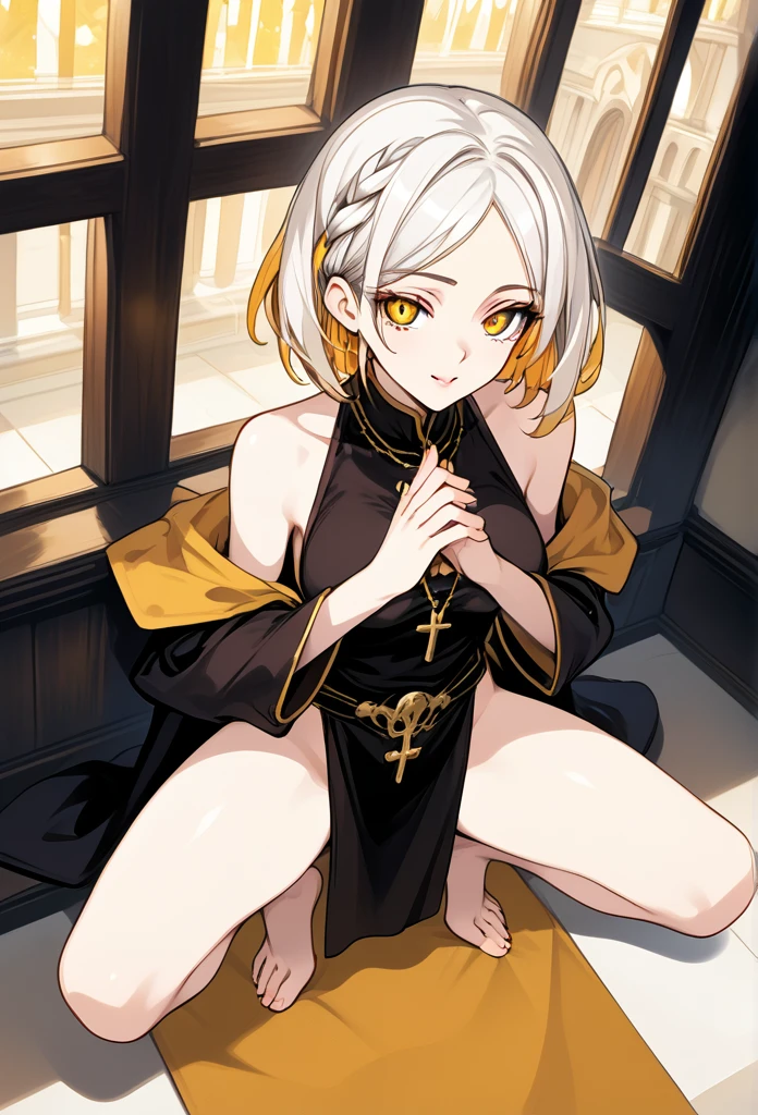 Mature woman, mature face, gentle face, glossy lips, golden eye color, golden eyes, gentle eyes, (braid hairstyle, bob hair, white hair, yellow gradient hair color, glossy hair), slender body, medium breast, thick thighs, saintess clothes, loincloth, church, praying pose, crouching, spreading legs, ohogao face, view from above, front view