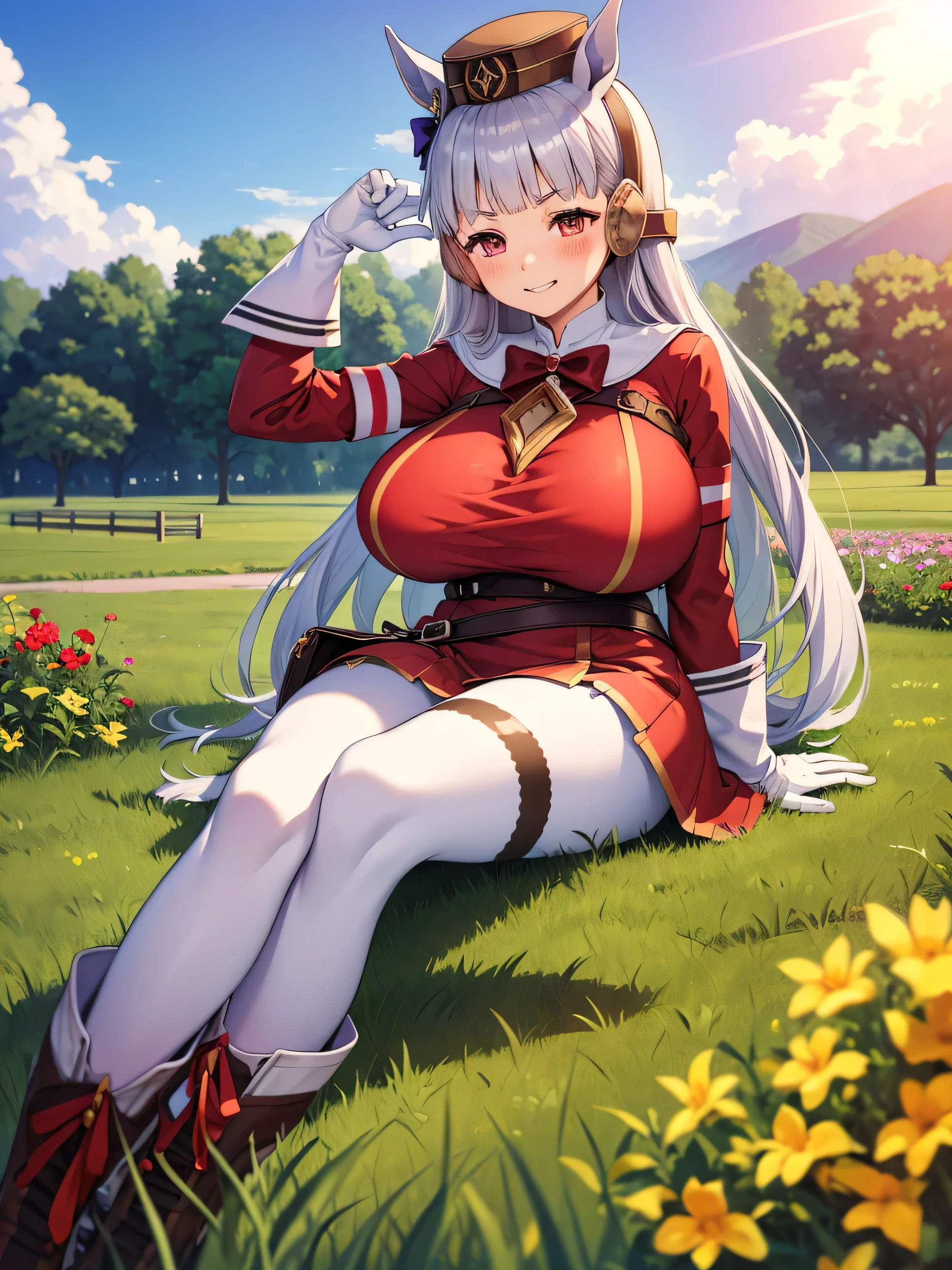 (masterpiece, Highest quality:1.2), alone, One girl, umpd gold ship, pillbox hat,Red dress,No sleeve, White Pantyhose, White gloves、boots, Horse tail,、grassland、Nature、blush、LOL、Wow smile、summer、Sunset、(Huge breasts:1.2)、Nipples are visible、Clothes are see-through、Naughty pose、Lift your legs、Leg spread、Pantyhose bite、See-through pussy、、Kindergarteners、、6 years old、、の小さな体
