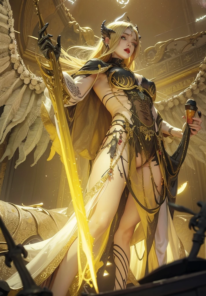 Detailed image quality,Witch Pandora,wing, Succubus Theme,堕落Angel,Excellent,scary,Secret Terror,Tentacles,With eyes,Uncanny Valley Effect,Beast Blood Moon,skeleton,vampire,Hellfire,Dark Queen,Angel,magician magic witch,Angel,Eyes are blue(Pupils as deep as the starry sky),Gorgeous tattoo designs all over the body,Surreal photos(8K picture quality,Rich in details),Dark eyeshadow,Sexy thick lips(Red lipstick),Tattoo designs on body,Dark Queen,Wear luxurious gold jewelry,Dark Queen,圣光铠甲大Angel,blonde