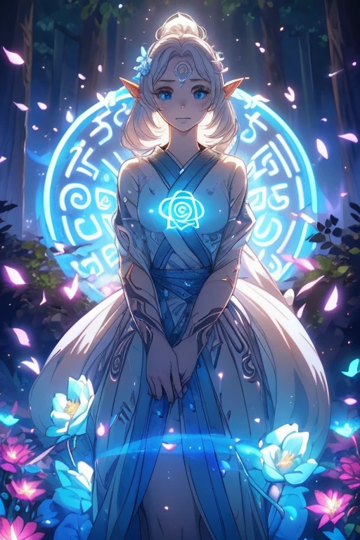 (((Wood elves floating above the forest, Tearing flowers in the forest ))) green hair, body, Radial glow, white fern flowers, Optical, Panoramic lighting, atmospheric perspective, dawn, Smoothing: 5D, Light painting, Color, beautiful countenance, clear facial features, symmetrical transparent wings, impressive detail.  ((torso)), best quality, Artwork, a Japanese woman with ((White hair with luminescence)), ((detailed pearl blue eye)), highly detailed goddess soul, character focus, Alone, (Swirl Style Magical), Alone, front view, front view, looking at viewer, detailed face, ((Luminescent Lighting Magic Circle Theme)), perched on a ledge, tight neon body, light stripes, dark abyssal wanderer abstract, (( Simple Luminescence Neon Dress), inscribed with mystical runes, dystopian outdoor background,