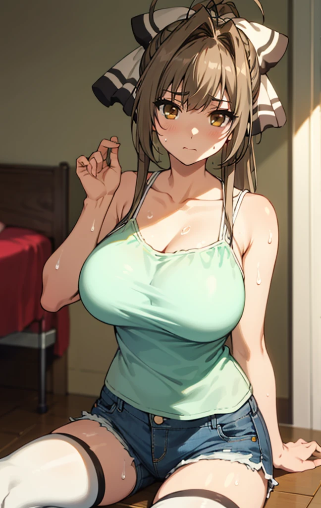 best quality, masterpiece, detailed,
SentoIsuzu,
solo, closed mouth, (sweating)
brown hair, brown eyes, long hair, antenna hair, ponytail, hair bow,my room,camisole,denim shorts,huge breasts,looking viewer,thighhighs