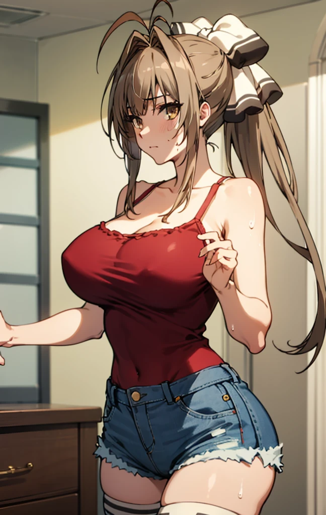 best quality, masterpiece, detailed,
SentoIsuzu,
solo, closed mouth, (sweating)
brown hair, brown eyes, long hair, antenna hair, ponytail, hair bow,my room,camisole,denim shorts,huge breasts,looking viewer,thighhighs