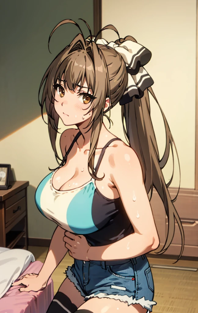 best quality, masterpiece, detailed,
SentoIsuzu,
solo, closed mouth, (sweating)
brown hair, brown eyes, long hair, antenna hair, ponytail, hair bow,my room,camisole,denim shorts,huge breasts,looking viewer,thighhighs