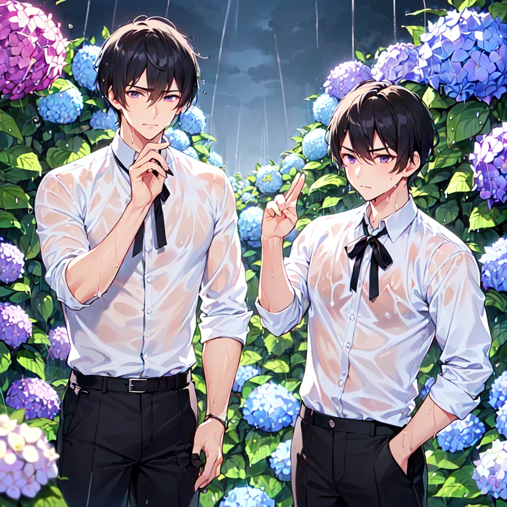 masterpiece,best quality,high quality,(2male austere good-looking man adult age 30 two people : 1.5), purple eyes, cool with suspended eyes, V-shaped eyebrows, body strong and fearless 8.5 head tall, height 185 cm, (well-groomed black short hair down to neck: 1.4), (bangs split into seven thirds: 1.4), slender nose, expression lines, throat, (Clothes wet shirt and black trousers: 1.3), (hand on face), (standing), (stylish pose), (melancholy expression: 1.3), (background hydrangea garden: 1.3), (night rain: 1.3) , (upper body:1.3)
