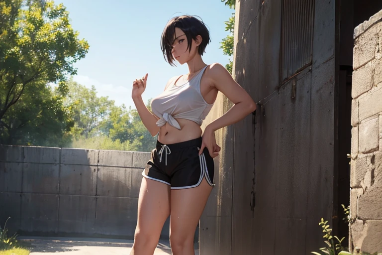 NSFW, ​masterpiece, top-quality, hight resolution, Hi-Res, ultra-detailliert, Full limbs, tomboy, androgynous, broad shoulders, wide hips, short hair, complete fingers, (plump figured, toned figure), tank top, ((loose shorts)), standing outside, subject in direct sunlight, covered in sweat, (her shirt is tied below the breast), (((full body view))), (cameltoe 1.9),  basketball court, covered in sweat, (sweat soaking through her shirt)