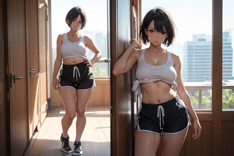 NSFW, ​masterpiece, top-quality, hight resolution, Hi-Res, ultra-detailliert, Full limbs, tomboy, androgynous, broad shoulders, wide hips, short hair, complete fingers, (plump figured, toned figure), tank top, ((loose shorts)), standing outside, subject in direct sunlight, covered in sweat, (her shirt is tied below the breast), (((full body view))), (cameltoe 1.9),  basketball court, covered in sweat, (sweat soaking through her shirt)