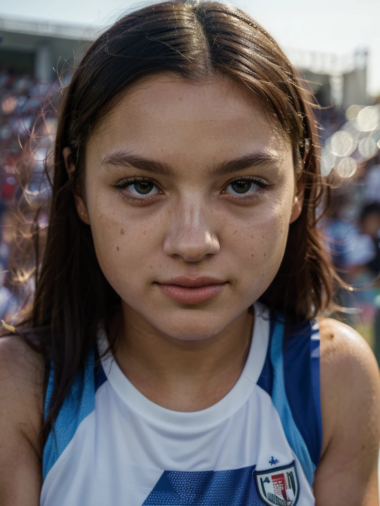 ((best quality)),((masterpiece)),(detailed),chibi,beautiful:1.2, (cute:1.3) (curvy:0.7), female soccer player in a crowded stadium, soccer ball, (smiling:0.7), detailed skin, (realistic skin:1.2), (freckles:0.9), blue eyes, full lips, broad cheek, masterpiece, ultra realistic, realistic light, (saturation),