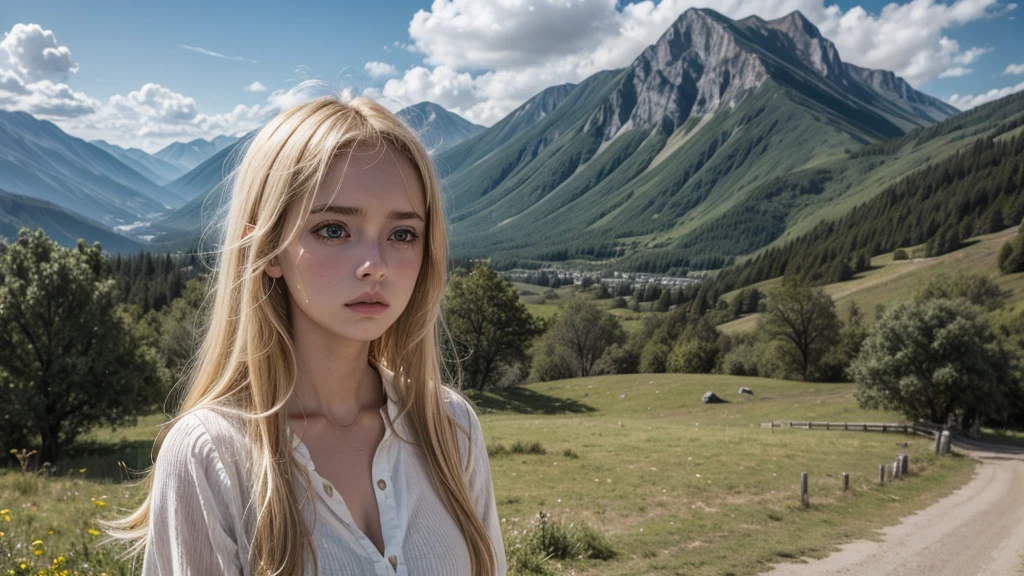 sad blonde girl in a very beautiful location