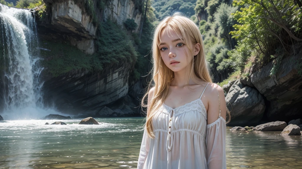 sad blonde girl in a very beautiful location