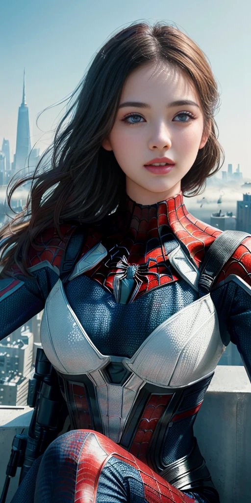(1girl:1.3), Solo, (((Very detailed face)))), ((Very detailed eyes and face)))), Beautiful detail eyes, Body parts__, Official art, Unified 8k wallpaper, Super detailed, beautiful and beautiful, beautiful, masterpiece, best quality, original, masterpiece, super fine photo, best quality, super high resolution, realistic realism, sunlight, full body portrait, amazing beauty, dynamic pose, delicate face, vibrant eyes, (from the front), She wears Spider-Man suit, red and black color scheme, spider, very detailed city roof background, rooftop, overlooking the city, detailed face, detailed complex busy background, messy, gorgeous, milky white, highly detailed skin, realistic skin details, visible pores, clear focus, volumetric fog, 8k uhd, DSLR, high quality, film grain, fair skin, photo realism, lomography, futuristic dystopian megalopolis, translucent