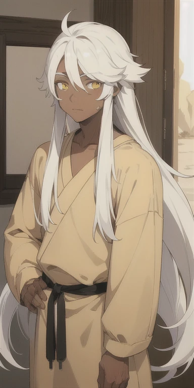 (masterpiece, best quality),1male with long white hair ,yellow pupils , Desert clothing ,Skin with vitiligo brown and whiter