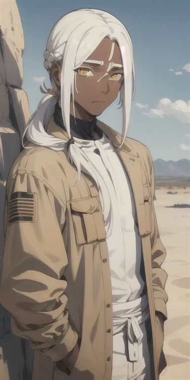 (masterpiece, best quality),1male  with long white hair ,yellow pupils ,  Desert clothing ,Skin with vitiligo brown and whiter