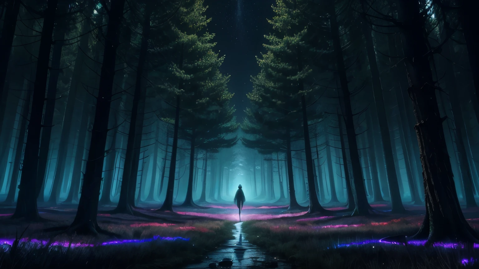 ext: "In a world where connection and coexistence are highly valued, it's ironic that many people often find themselves enveloped in loneliness and isolation."
Visual: Create a highly detailed 8k painting in a psychedelic and mystical style, something dark and intriguing with vibrant and contrasting colors. Inspired by Alex Grey and Dan Mumford. Depict a person standing alone in a dark, misty forest with glowing, psychedelic flora around. The forest gradually transitions into a vibrant, interconnected web of life, with luminous pathways showing connections. Add DMT entities and surreal, contrasting elements to highlight the theme of isolation versus connection.