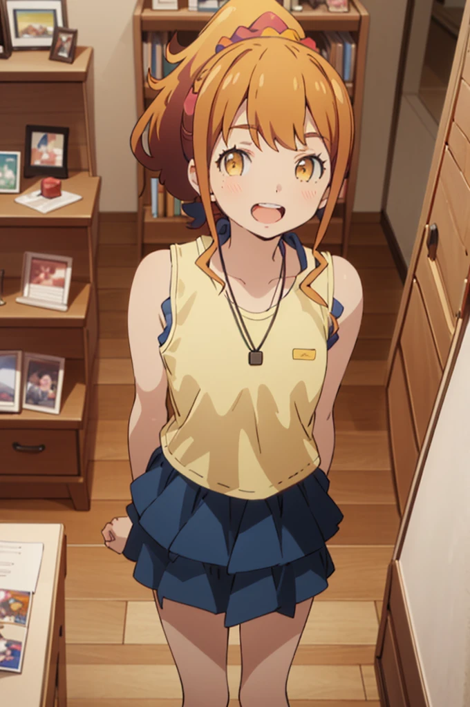 best quality, (masterpiece:1.2), highly detailed,
indoors, bookshelf, tv,, jinno megumi,
1girl, solo, standing, from above, looking at the viewer, open mouth, smile, teeth,
brown hair, ponytail, brown eyes, scrunchie, necklace,
layered skirt, blue skirt, sleeveless, (yellow shirt:1.4) 