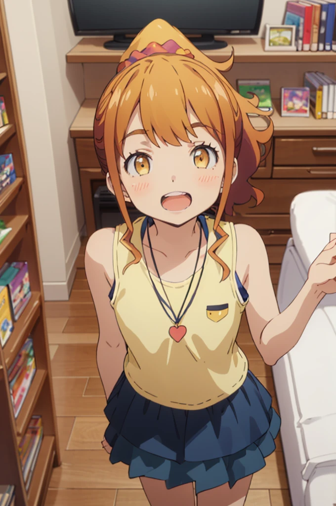 best quality, (masterpiece:1.2), highly detailed,
indoors, bookshelf, tv,, jinno megumi,
1girl, solo, standing, from above, looking at the viewer, open mouth, smile, teeth,
brown hair, ponytail, brown eyes, scrunchie, necklace,
layered skirt, blue skirt, sleeveless, (yellow shirt:1.4) 