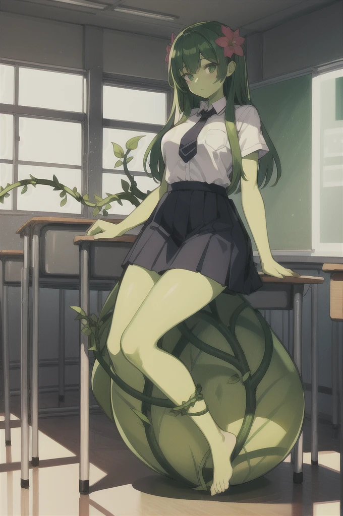 1girl,20s,adult,madure female,, alraune, white shirt,short sleeves,black standard tie,black school skirt,green hair,long hairmflower, vines on body, full body, classroom,(greenskin)