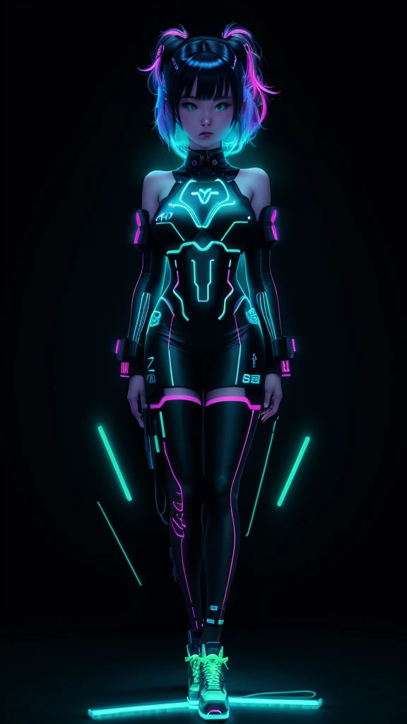 a close up of a person standing in the dark with a neon light, cyberpunk art inspired by Ross Tran, trending on cg society, holography, glowing neon, neon outline, neon outlines, neon and dark, 8 0 s anime vibe, neon glowing, glowing in the dark, glowwave girl portrait, ross tran style, in the style of ross tran